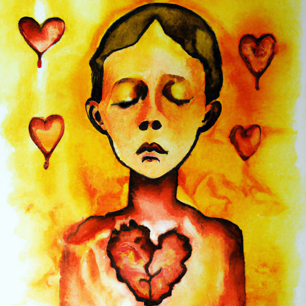 A sad boy surrounded by hearts.