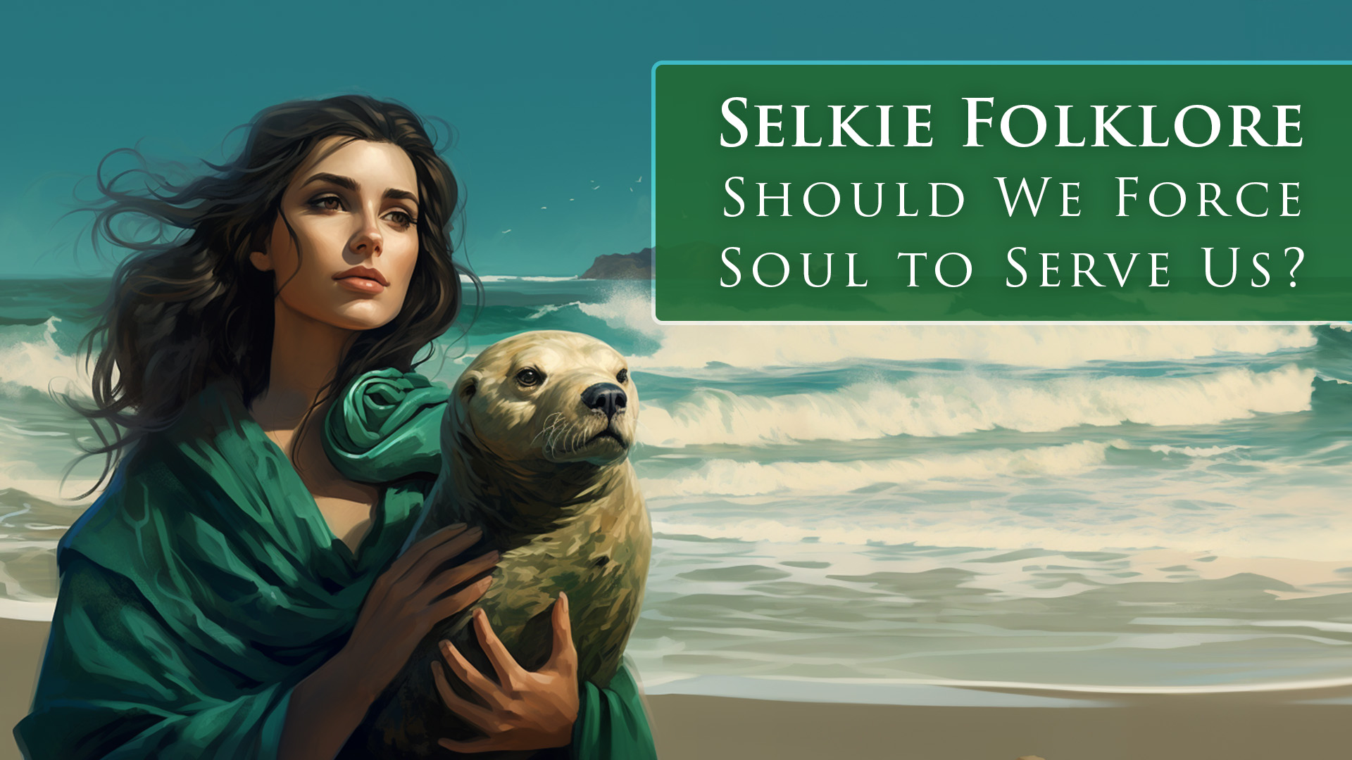 A beautiful woman holding a seal. The Celtic folktale of the Seal that changes into a women.