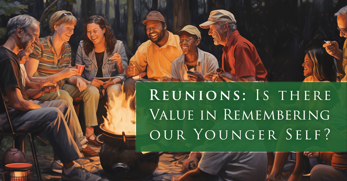 several older people at a reunion sitting around a campfire enjoying memories of being young.