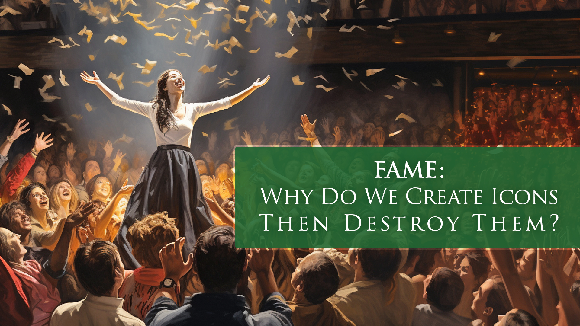 A woman achieving fame before a large audience