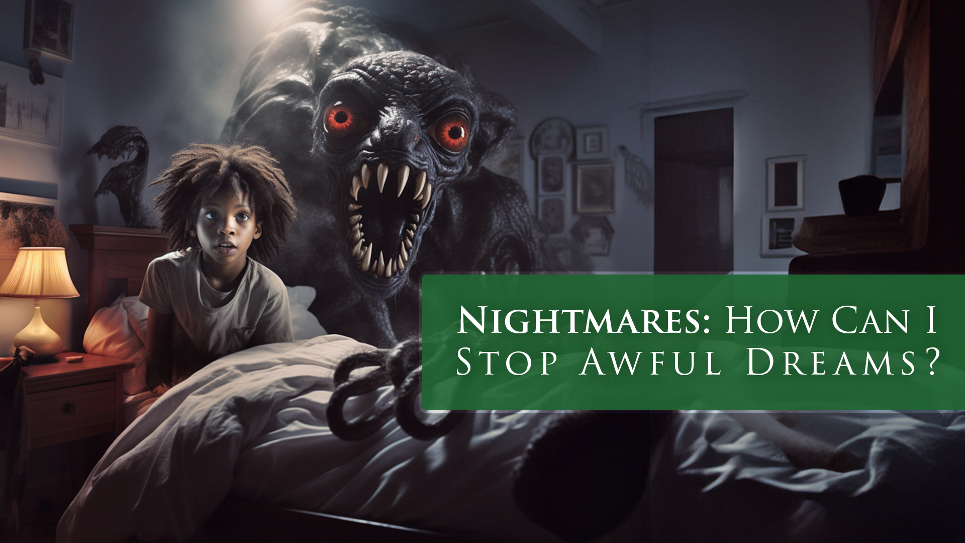 A nightmare scene with a monster chasing a girl