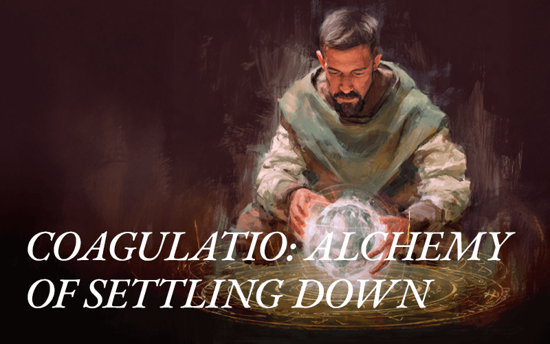 A man studies an alchemical vessel, representing Coagulatio, the Jungian alchemical principle around settling down and finding your path.