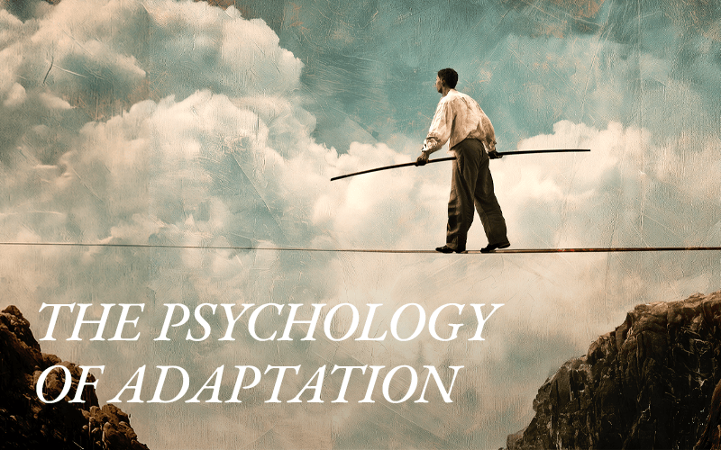 A man balances on a tightrope, illustrating the psychological concept of adaptation.