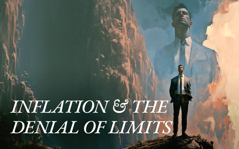 A man stands behind a giant image of himself, illustrating the psychological concept of inflation.